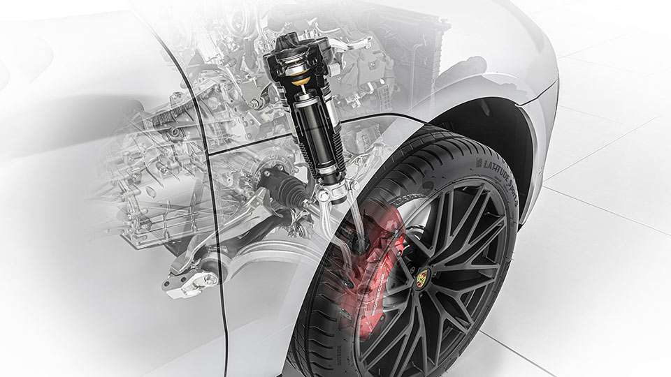 Sospensioni pneumatiche adattive con sistema di livellamento e regolazione dell'altezza, incluso Porsche Active Suspension Management (PASM), riduzione dell'altezza di marcia di 10 mm.