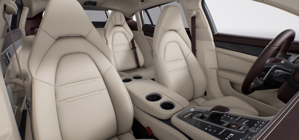 Two-tone leather interior in Marsala and Cream, smooth-finish leather