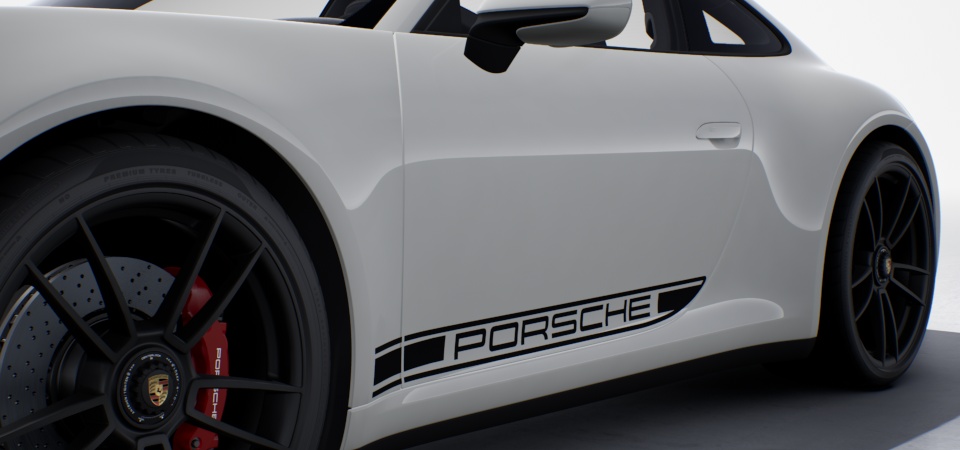 Logotipo lateral decorativo 'PORSCHE' em preto