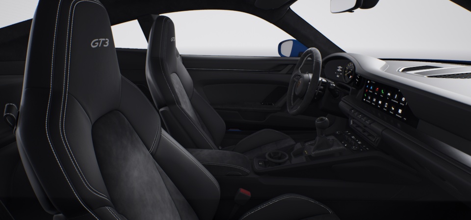 Interior con elementos de cuero / Race-Tex en color Negro con color de contraste Plata GT