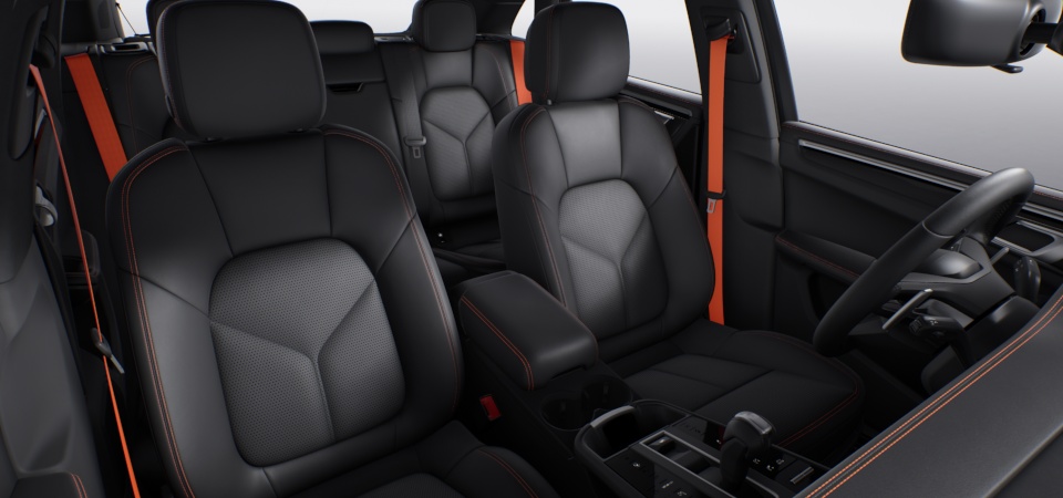 Leather Interior in Black with Deviated Stitching in Papaya