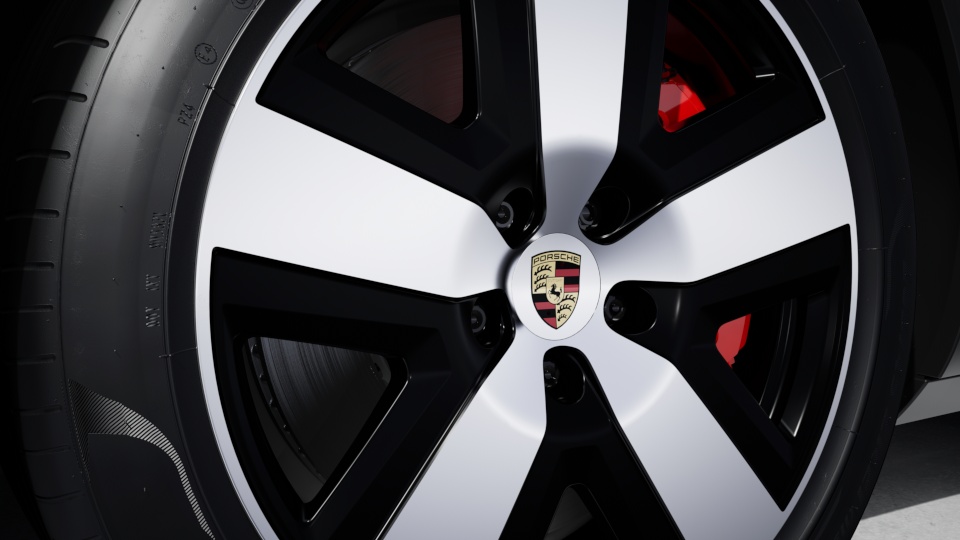 Conjunto de centros de roda com emblema completo da Porsche em cores.