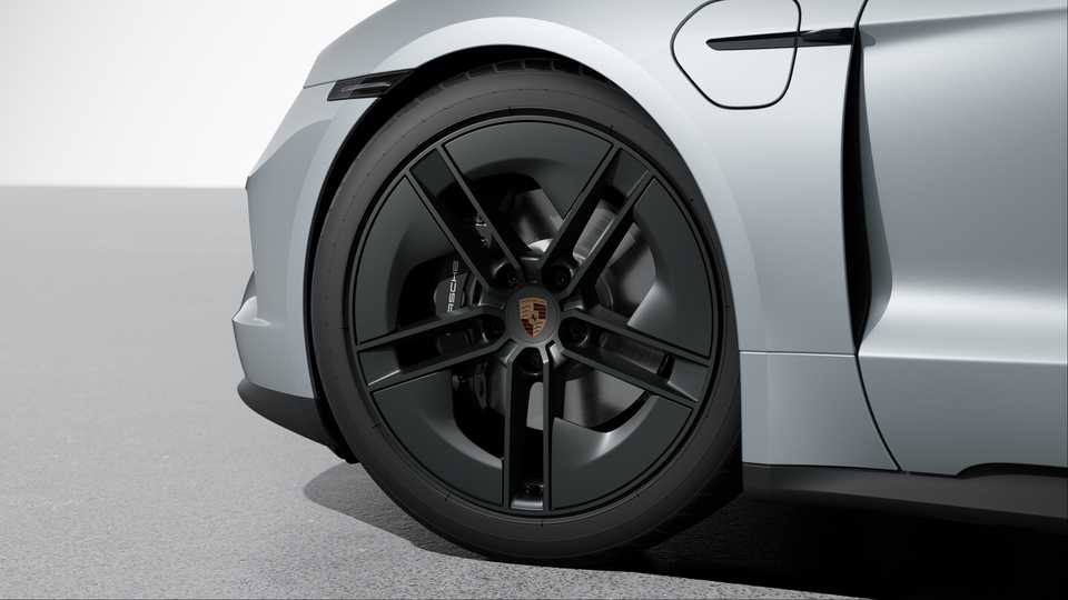 21-inch Taycan Exclusive Design Wheels fully painted in Satin Black with Aeroblades