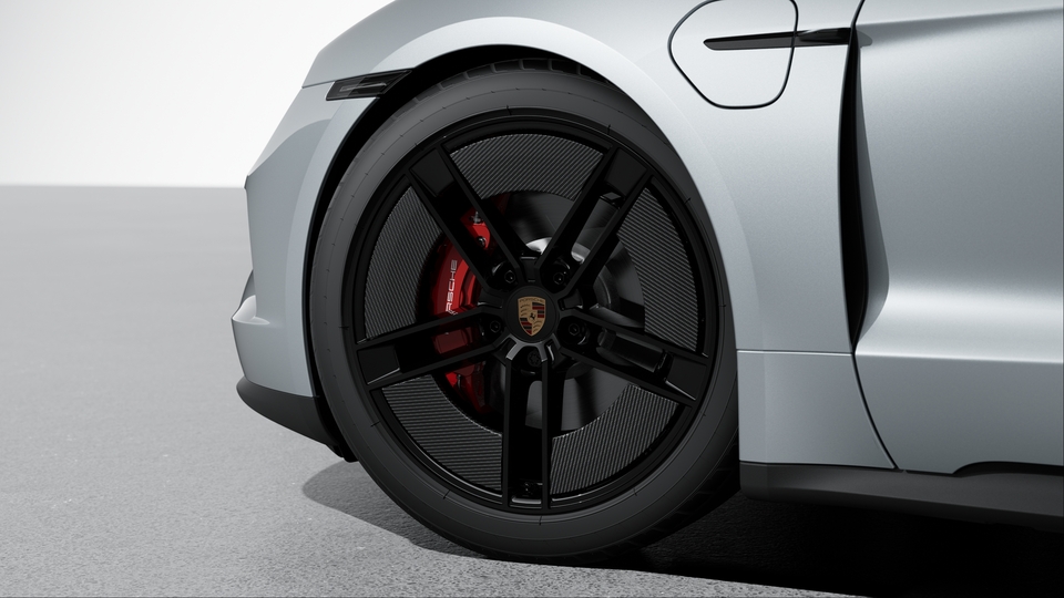 21-inch Taycan Exclusive Design Wheels fully painted in Black (high-gloss) with Aeroblades