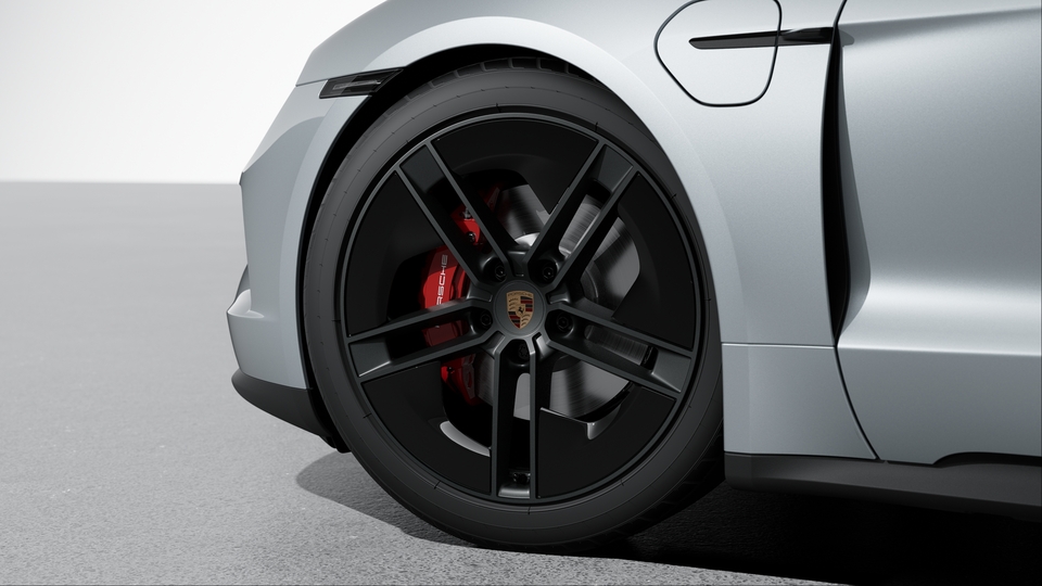 21-inch Taycan Exclusive Design Wheels painted in Satin Black with Aeroblades