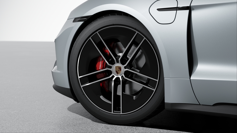 21-inch Taycan Exclusive Design Wheels painted in Black (high-gloss) highly polished with Aeroblades