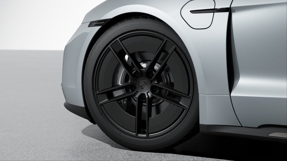 21-inch Taycan Exclusive Design Wheels fully painted in Satin Black with Aeroblades