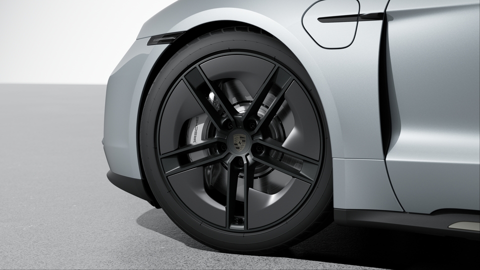 21-inch Taycan Exclusive Design Wheels fully painted in Satin Black with Aeroblades