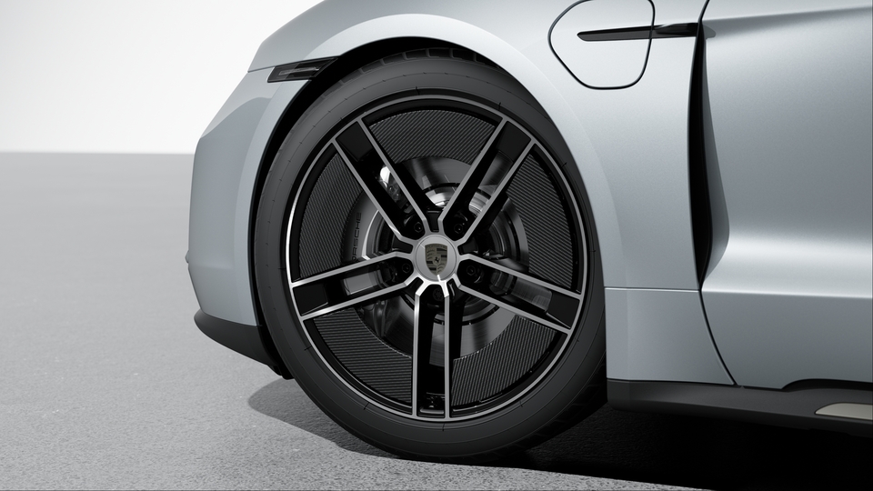 21-inch Taycan Exclusive Design Wheels painted in Black (high-gloss) highly polished with Aeroblades