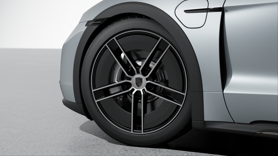 21-inch Taycan Exclusive Design Wheels painted in Black (high-gloss) highly polished with Aeroblades