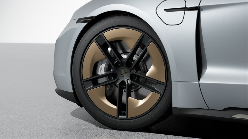 21-inch Taycan Exclusive Design Wheels fully painted in Satin Black with Aeroblades