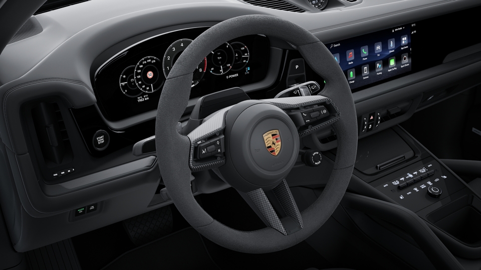 Heated multifunction GT Sports steering wheel in Race-Tex with inlay in carbon