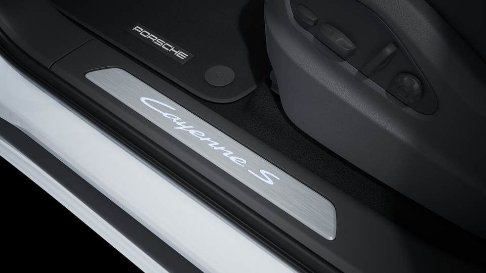 Door sill guards in brushed aluminium, illuminated (in conjunction with inner door sill guards in leather)