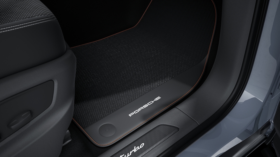 Floor mats carbon with leather edging and coloured decorative stitching