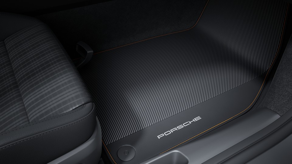 Floor mats carbon with leather edging and coloured decorative stitching