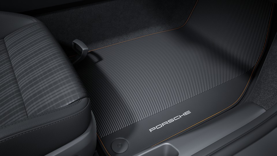 Floor mats carbon with leather edging and coloured decorative stitching