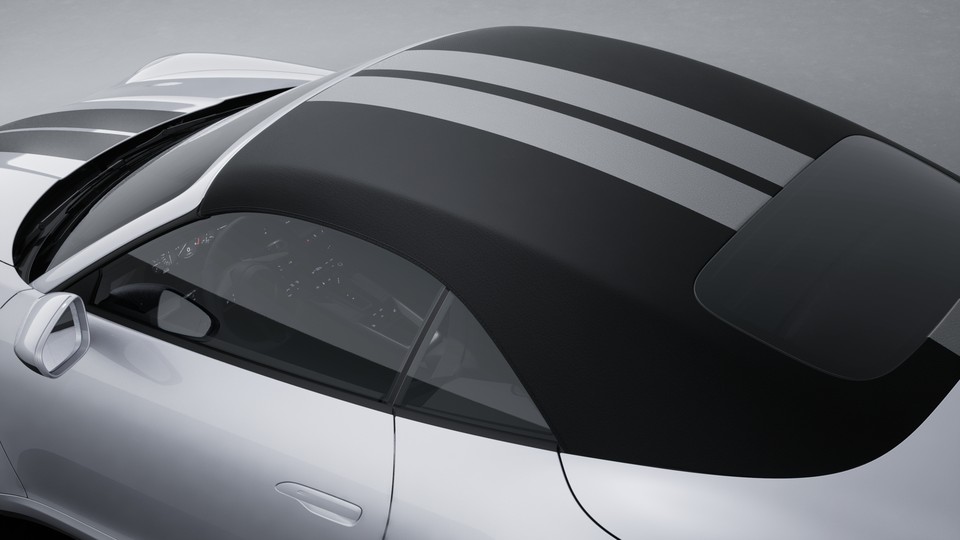 Double Stripe Decal on Front Trunk Lid in Matte Black i.c.w. Cabriolet Roof in Black with Double Stripes in Grey