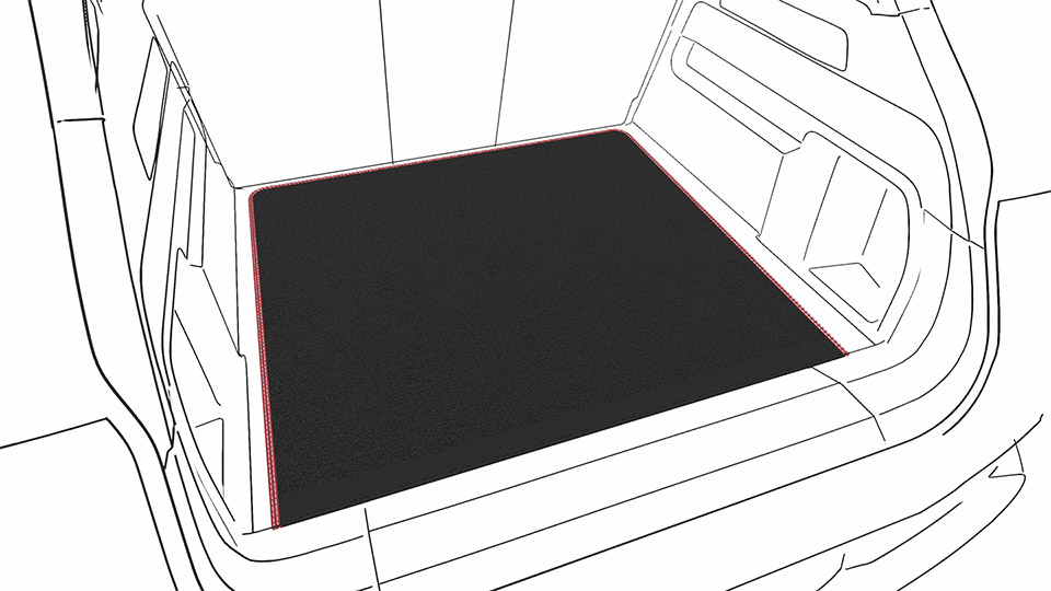 Reversible luggage compartment mat with leather edging and coloured decorative stitching
