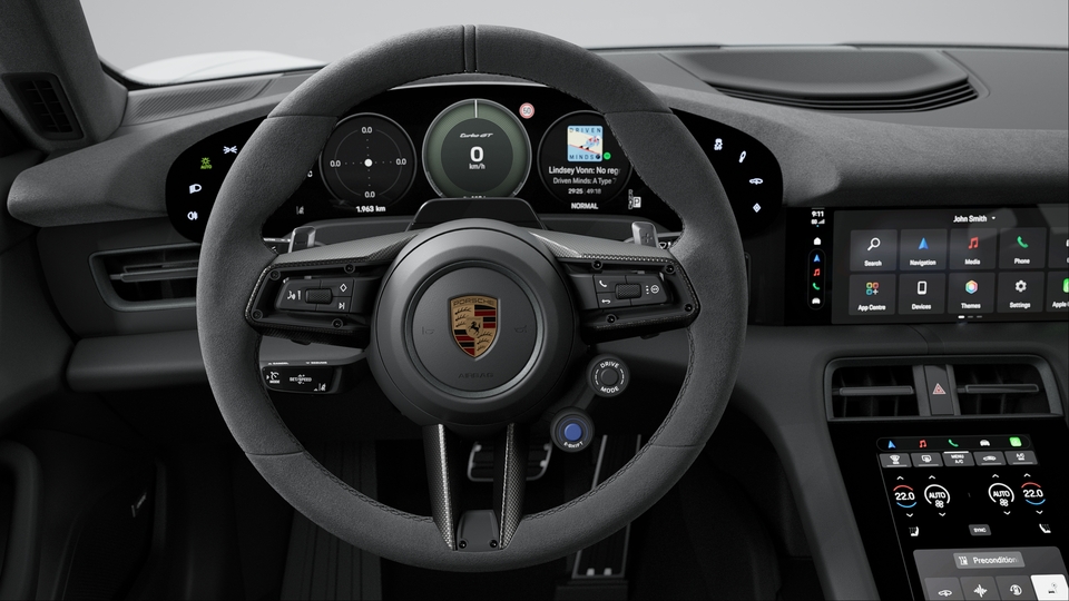 GT Multifunction sports steering wheel with steering wheel trim in Carbon matt, steering wheel rim in Race-Tex, airbag module in leather, including steering wheel heating (i.c.w. E-Shift)